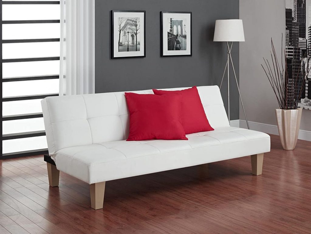 DHP Aria Futon Couch, Tufted Faux Leather Upholstery - White